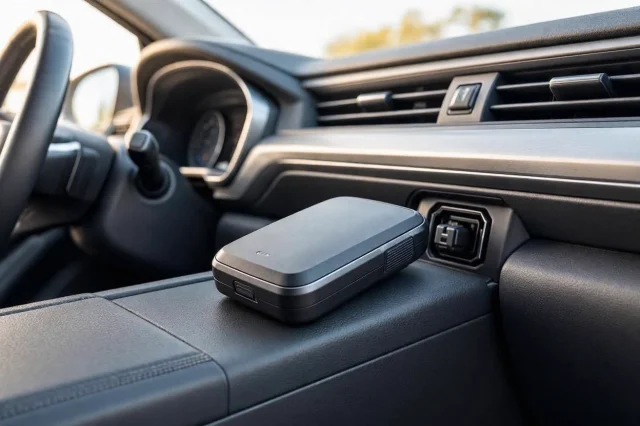 Rastreador GPS para coches junto al puerto OBD del salpicadero