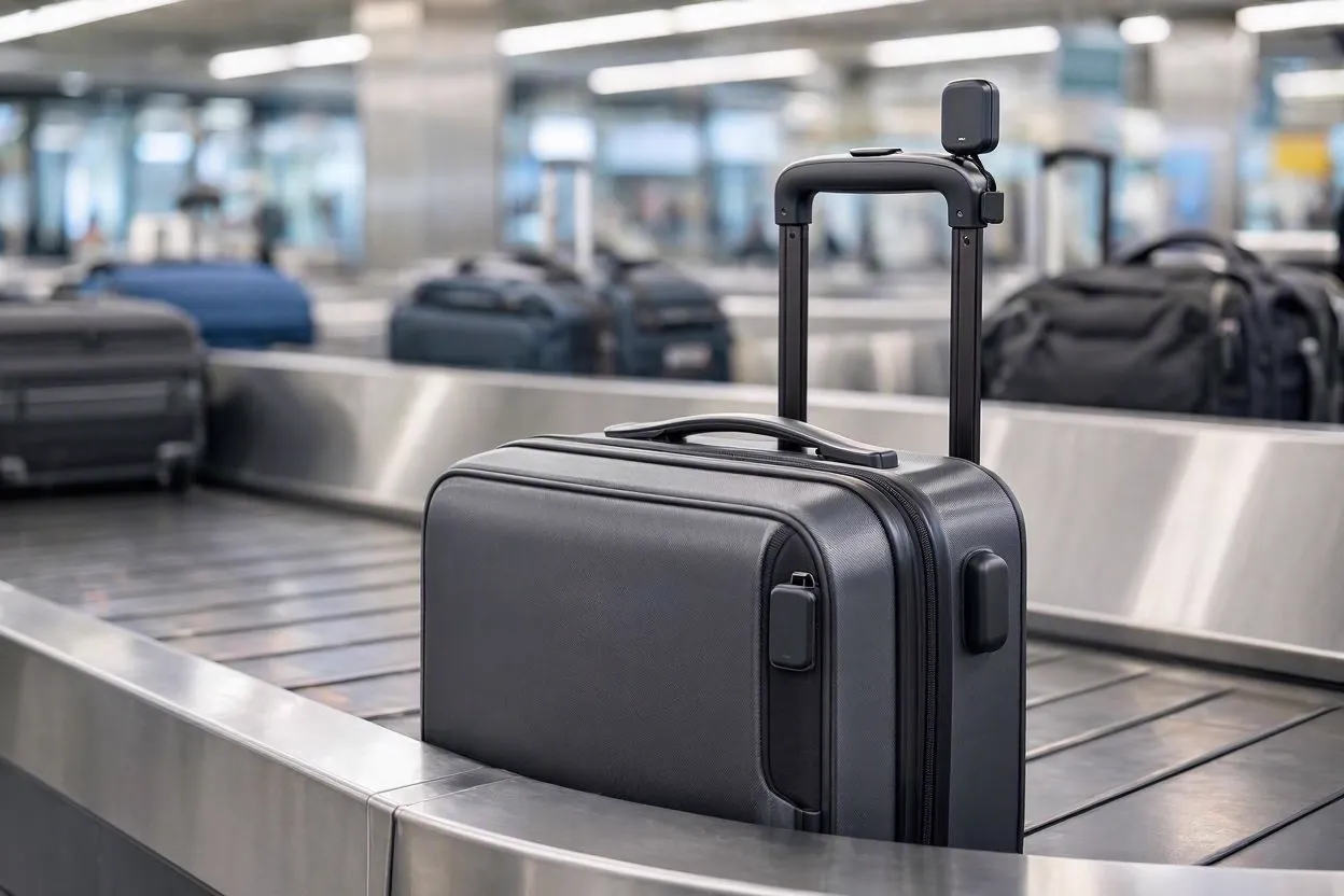 Localizador GPS pequeño y discreto sujeto a la asa de una maleta de viaje en un aeropuerto